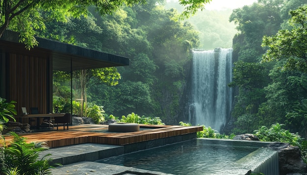 Modern Cabin with Waterfall and Pool in Lush Jungle