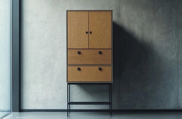 The modern cabinet with four drawers and one door on the top of it