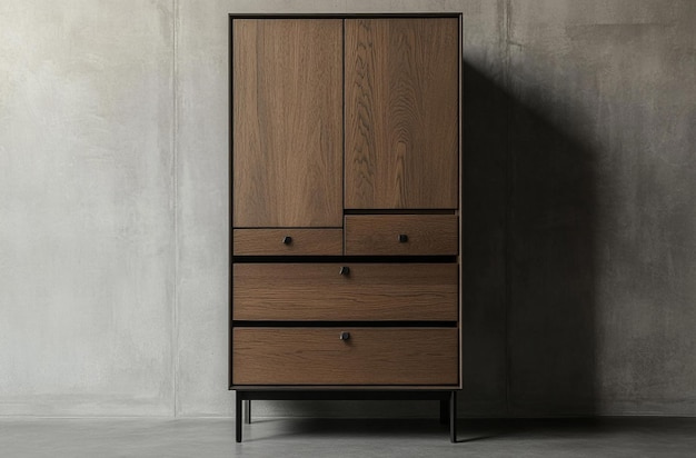 The modern cabinet with four drawers and one door on the top of it