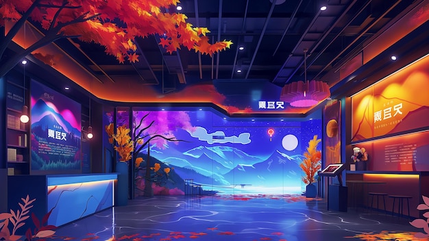 Modern Cafe Interior with Autumn and Night Sky Theme Generative AI