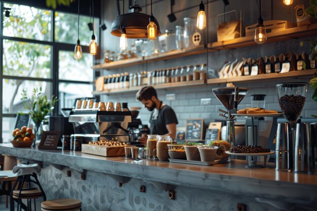 Modern Cafe Interior with Barista Preparing Coffee and Customers Enjoying Their Drinks