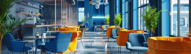 Photo modern cafe interior with vibrant blue and orange seating large windows and stylish decor creating a