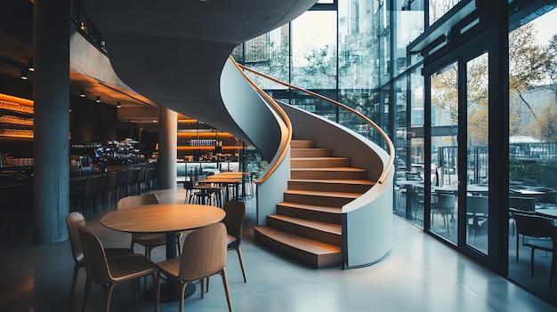 Photo a modern cafe interior with a white spiral staircase a bar counter and large windows overlooking a street