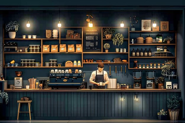 Modern cafe with coffee preparation area creating a detailed and engaging scene