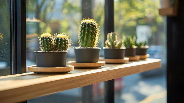 A modern cafe with a cozy atmosphere showcases a selection of cactus and succulents in stylish