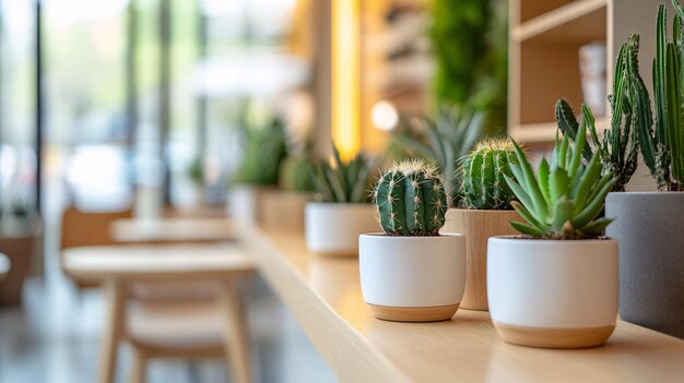 A modern cafe with a cozy atmosphere showcases a selection of cactus and succulents