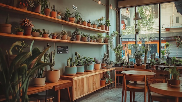 A modern cafe with a cozy atmosphere showcases a selection of cactus and succulents