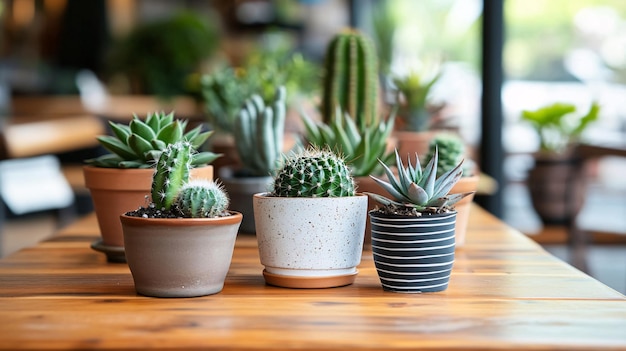 A modern cafe with a focus on a large wooden table adorned with a variety of cactus and succulents