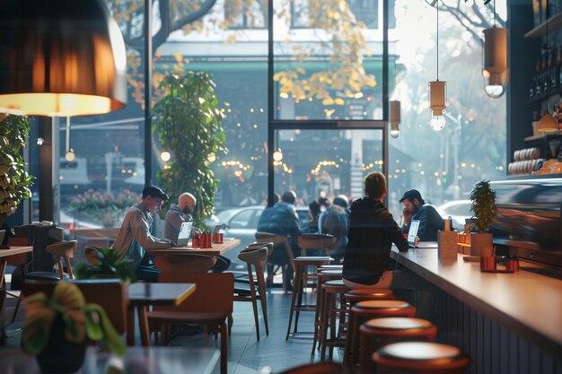 Modern cafe with people working on laptops