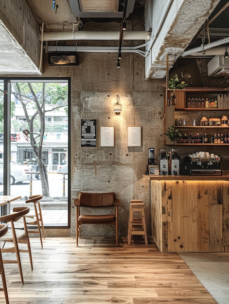 A modern cafe with a wooden bar and a large window