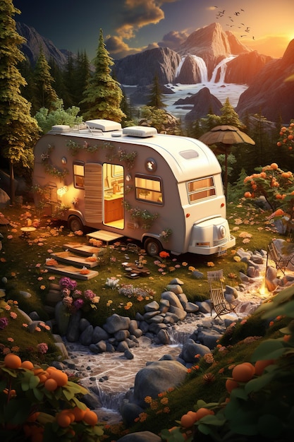 Modern camper in the nature at night camper van adventure vacation mobile living trailer Ai Generative