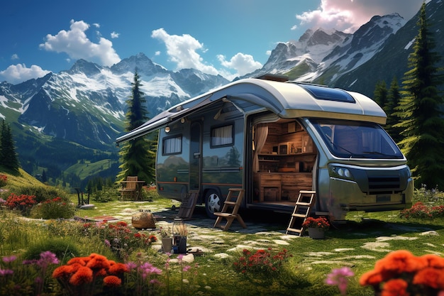 Modern camper in the nature sunset sunrise camper van adventure vacation mobile living trailer Ai Generative