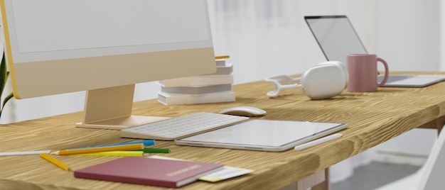 Modern campus library working space computer tablet and laptop mock up on wood table 3d rendering