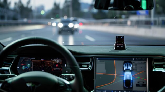 Modern car driving on highway with digital display showing autopilot mode