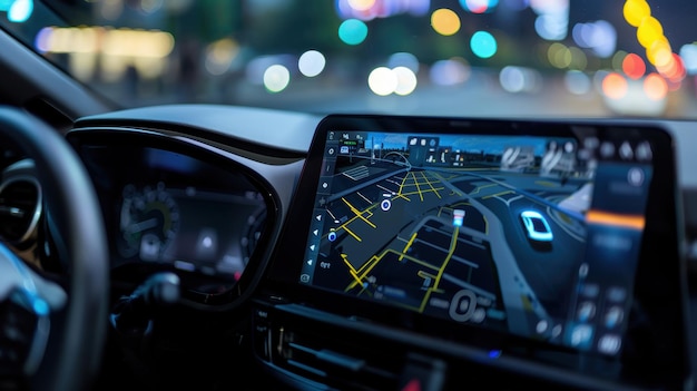 Modern car gps system showing 3d map for navigation in city at night