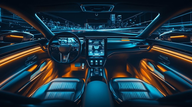 Photo modern car interior with digital dashboard screens and vibrant lighting