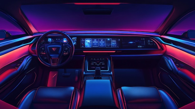 Modern Car Interior with Digital Screens and Ambient Lighting