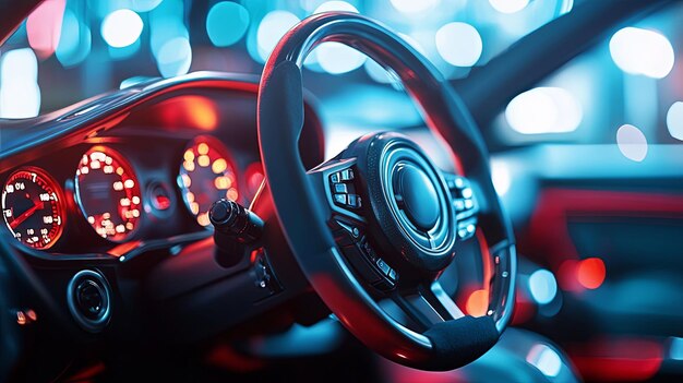 Photo modern car interior with steering wheel and gauges at night