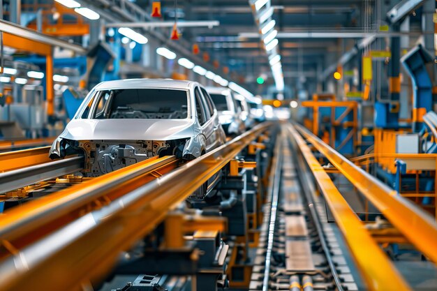 Modern car production factory assembly line on white background workers assembling passenger cars