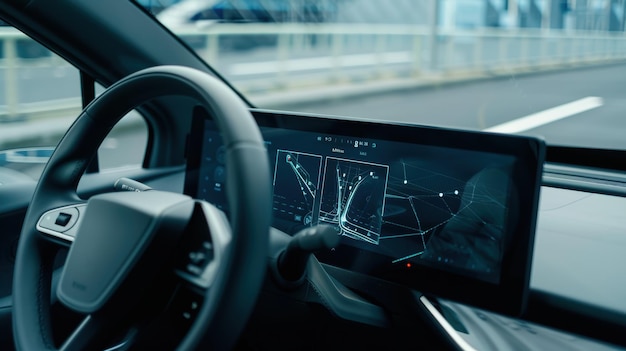 Modern car showing gps navigation system while driving on the road