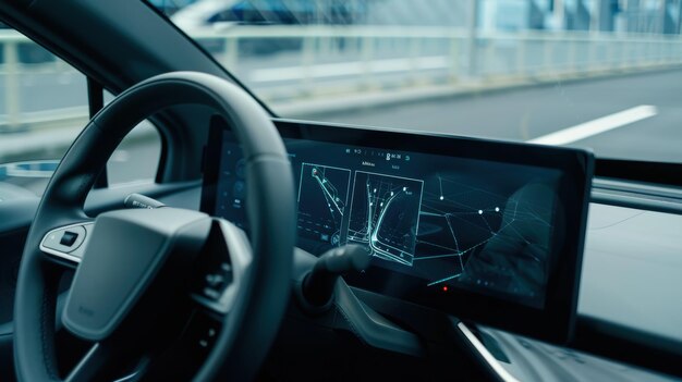 Photo modern car showing gps navigation system while driving on the road