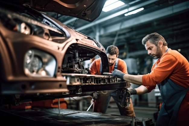 Modern car undergoing repairs at a service station Skilled technicians working on the vehicle ensuring its optimal performance Generative AI