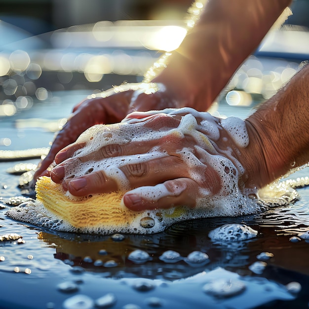 Modern car at washing car service with detergent soap foam or sponge Automatic automobile wash