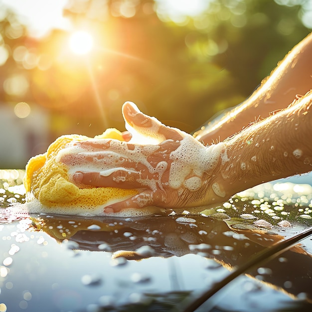 Modern car at washing car service with detergent soap foam or sponge Automatic automobile wash