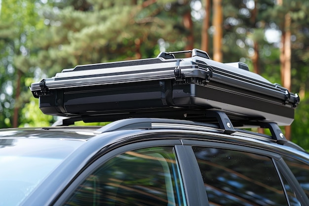 Modern car with an empty roof rack cargo box parked in a forest