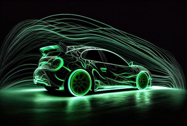 Modern car with green light trail as speed and energy power on black dark background Transportation and innovation concept Generative AI