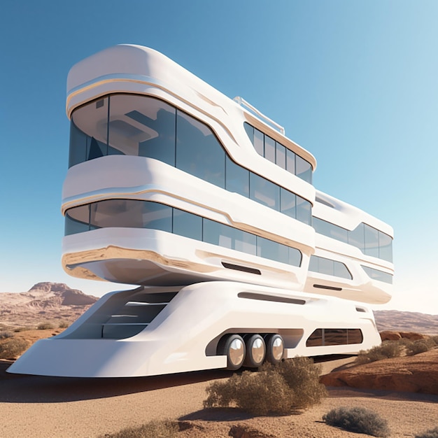 Modern caravan motorhome rides through the desert