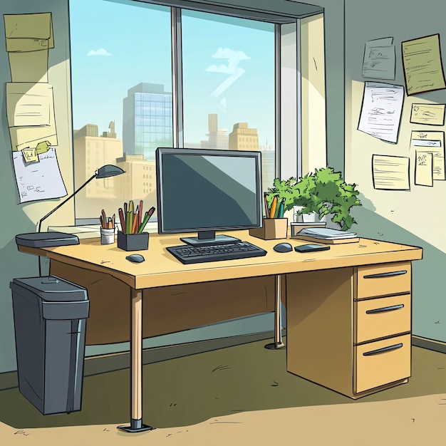 Photo modern cartoon style home office desk with organized workspace