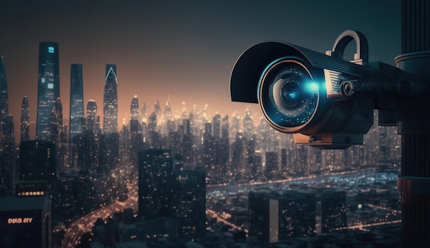 Modern CCTV camera over cityscape background with double exposure of cyber security interface Generative AI