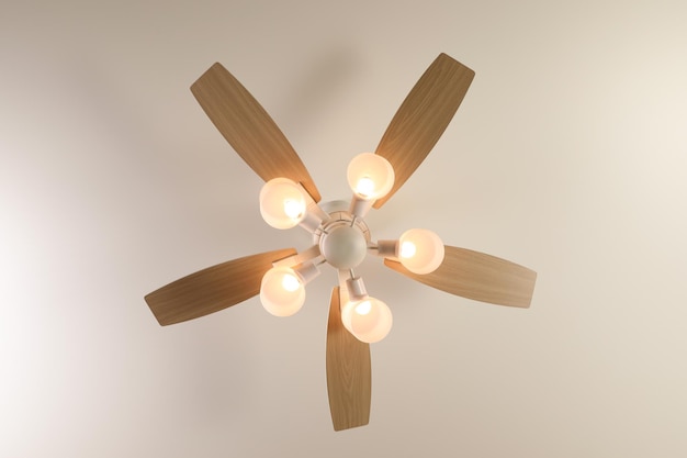 Modern ceiling fan with lamps indoors bottom view