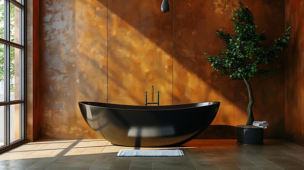 Photo modern ceramic bathtub with towel near brown wall in room