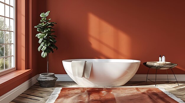 Photo modern ceramic bathtub with towel near brown wall in room