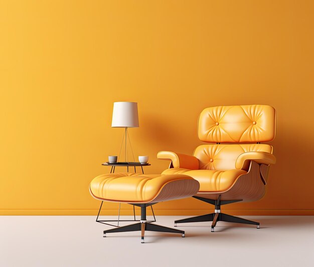 a modern chair and ottoman in front of a sunny yellow wall in the style of vray retro