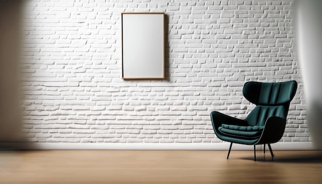 Modern chair with an Empty frame of a poster hanging on a white brick wall