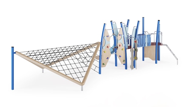 Modern children's game complex on a white background. Gaming equipment with a slide, stairs and towers for placement in the courtyards. Close-up. Clipping path included. 3D rendering.