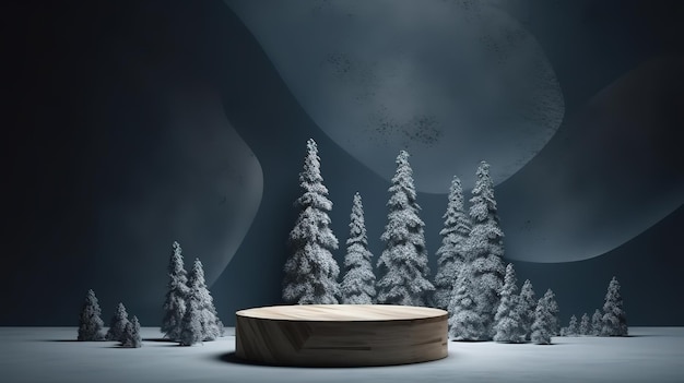 Modern Christmas dark backdrop with snow stand Pedestal concrete Generative ai