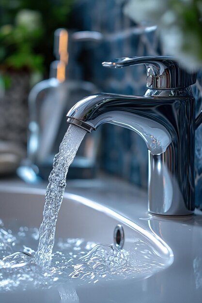 Modern chrome faucet with water flowing into a white sink