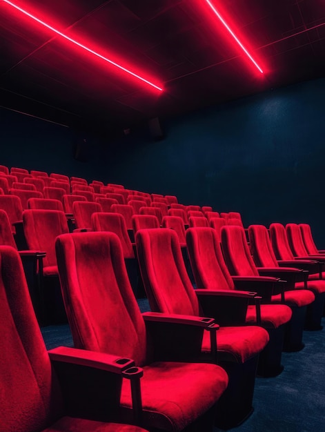 A modern cinema interior featuring empty plush red seats and vibrant neon lighting creating an inviting atmosphere for movie lovers