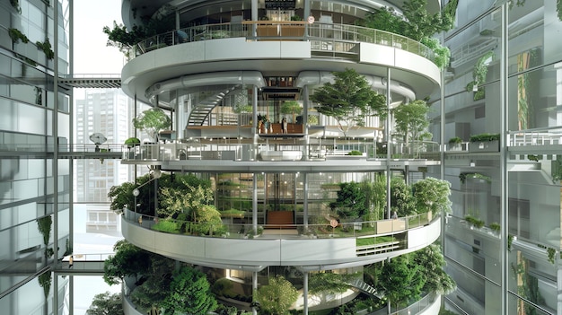 Photo modern circular building with lush greenery on each level