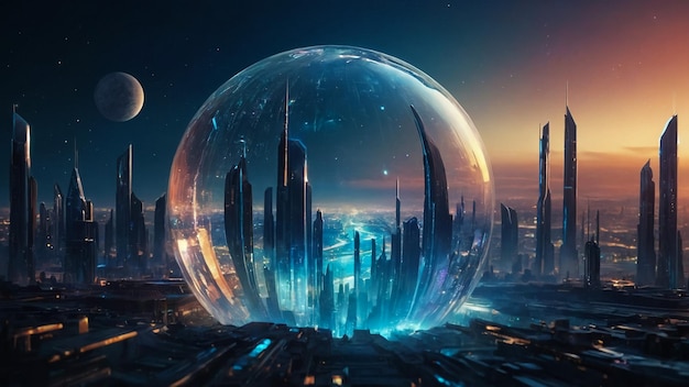 Modern city in the sky Futuristic space city with technological urban setup Epic view with cinetic