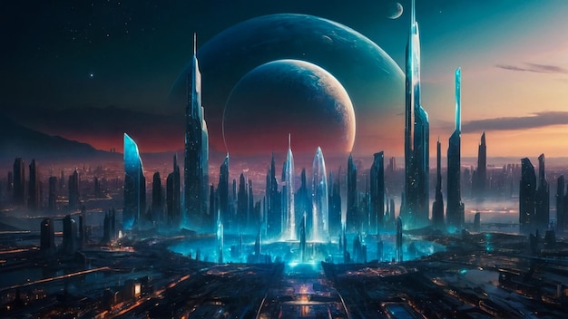 Modern city in the sky Futuristic space city with technological urban setup Epic view with cinetic