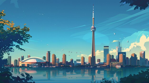 Modern City Skyline Painting CN Tower Toronto Landmark Concept