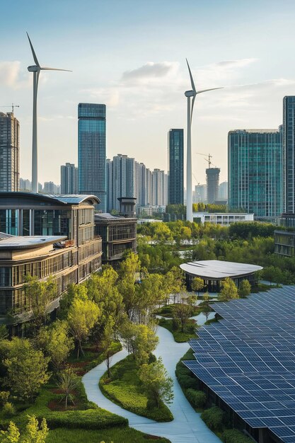 Photo modern city skyline with green park and solar panels