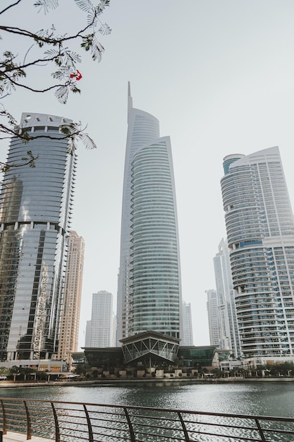 Modern city skyscrapers buildings at sunset time with business and residential towers around a lake