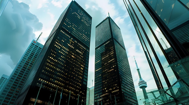 Photo modern city skyscrapers reflecting each other in glass facades emphasizing urban growth