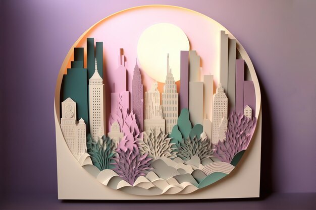 Modern city stunning layered paper cut style pastel color Generative AI illustration